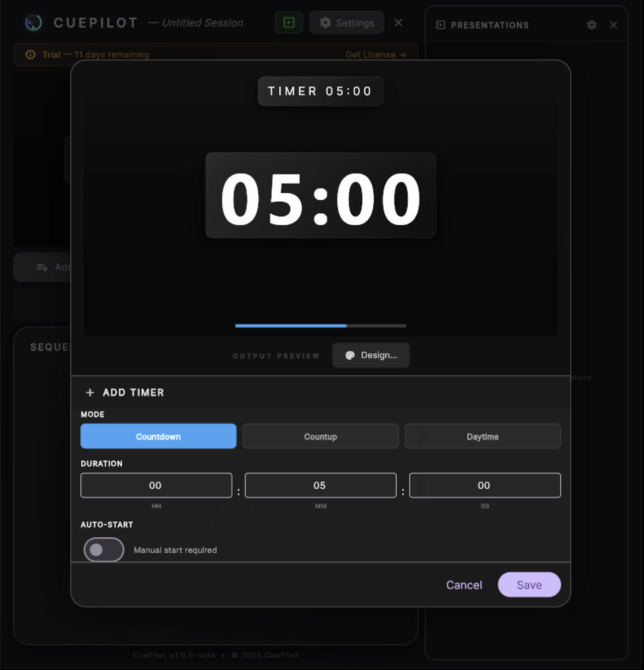Timer Engine — Add Timer dialog with countdown preview