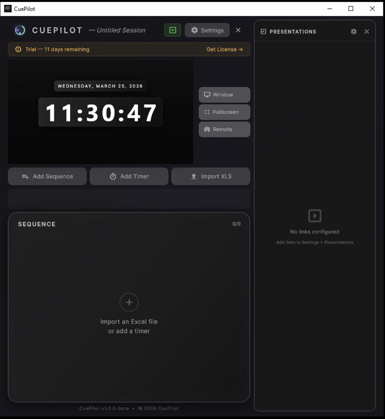 CuePilot — dashboard with live clock