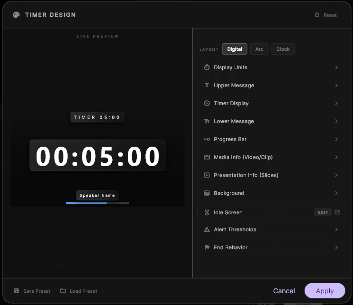 Design System — Timer Design dialog with live preview and settings