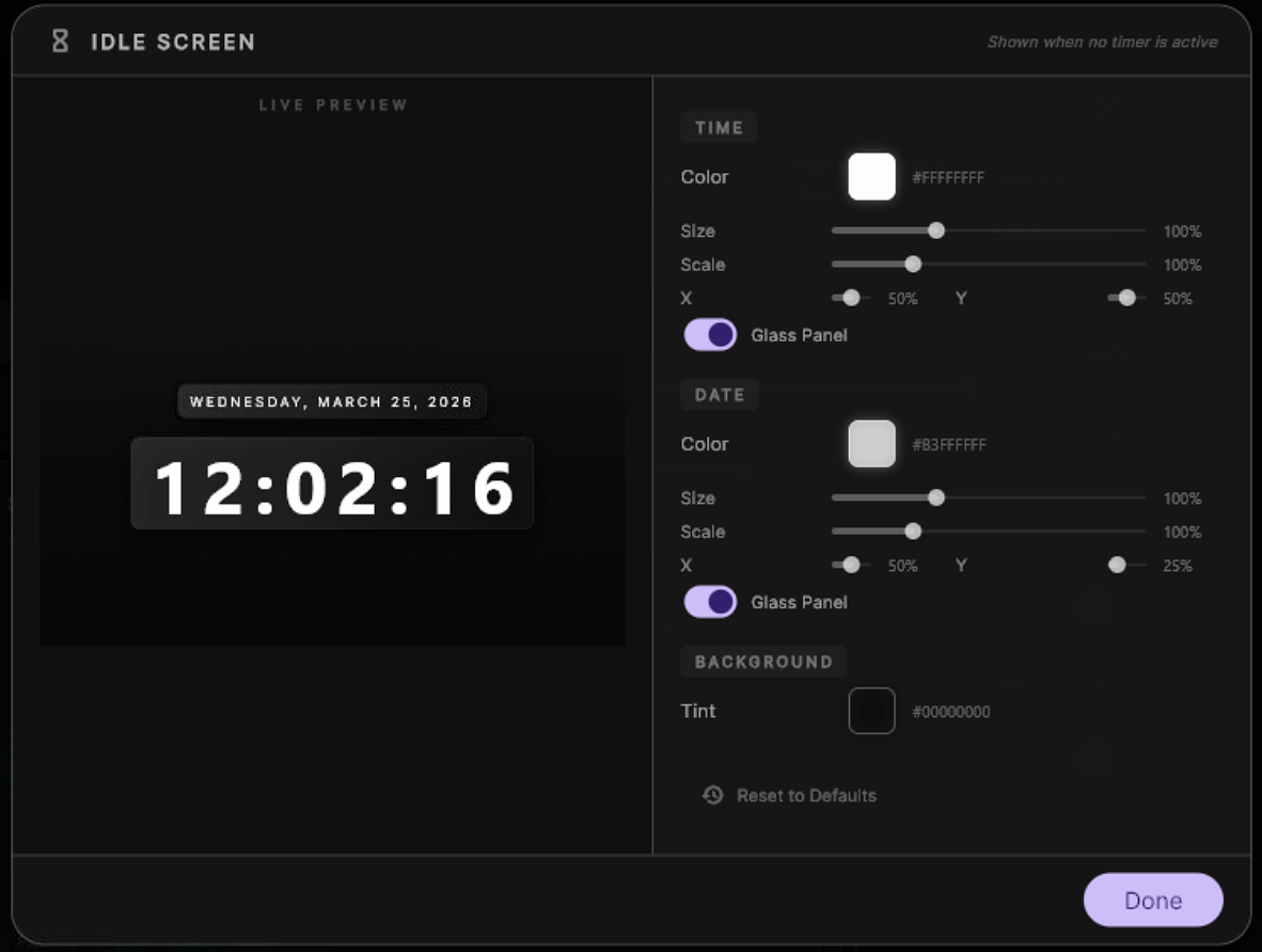 Idle Screen — configuration with live preview, time, date, glass panels