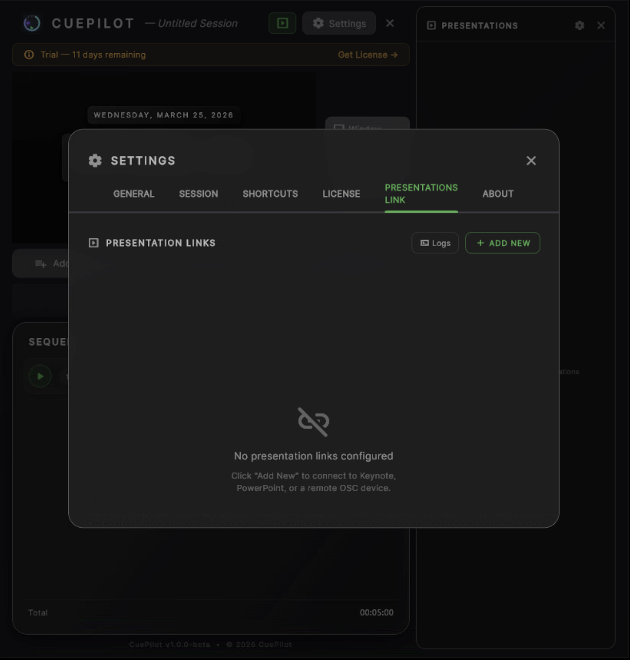 Presentation Links — settings panel with connection types