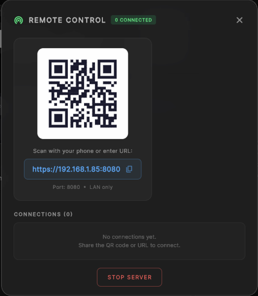 Remote Control — QR code and connection panel