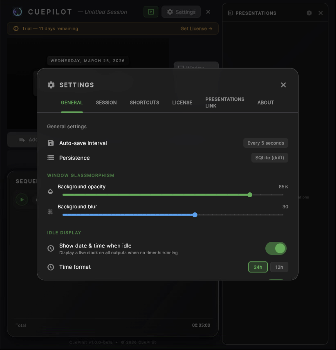 Settings — General tab with glassmorphism and idle display options